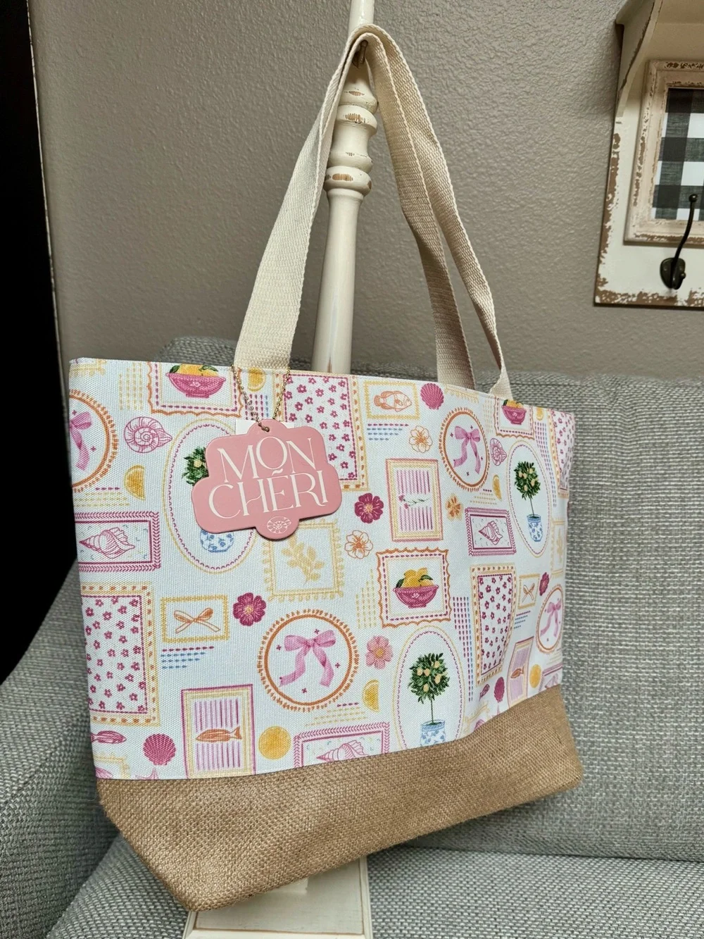 New Lemon Tree, Pink Nautical & Floral Canvas Tote Book Bag Reusable Burlap NWT